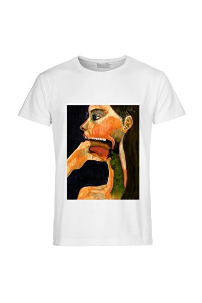 gifttime Бяла тениска с кръгло деколте с сюрреалистичен портретен дизайн