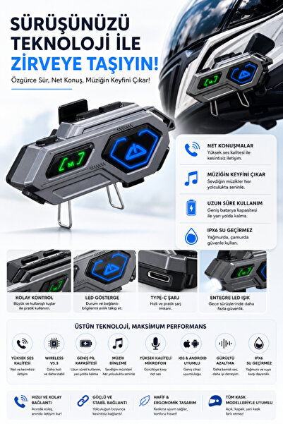 CROW'S TECH Motosiklet Intercom Kask Bluetooth Kulaklık V5.3 Işıklı IPX6 Suya...