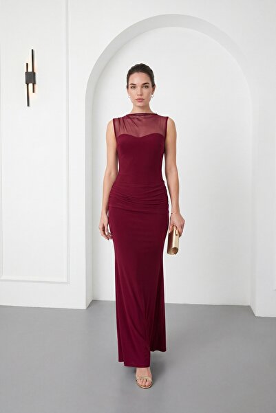 Lafaba Women's Burgundy Crew Neck Tulle Detail Knitted Dress
