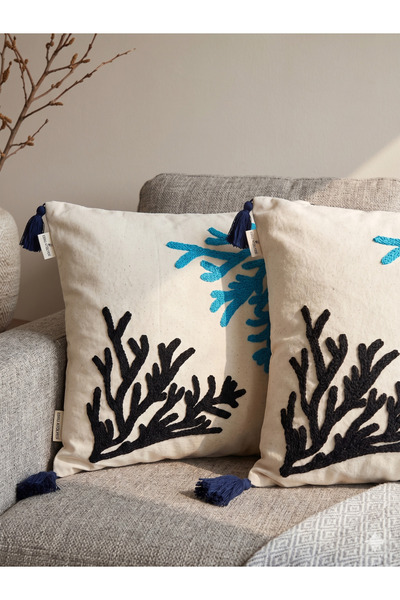 NOE-SOFT HOME غطاء سرير من الكتان المقاوم للعرق مع تطريز وشراشيب، قطعتان