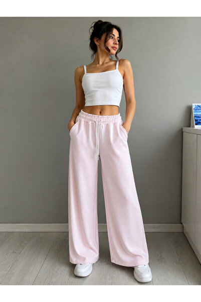 Revivo Store Kadın Pembe Çizgili Bürümcük Geniş Paça Pantolon