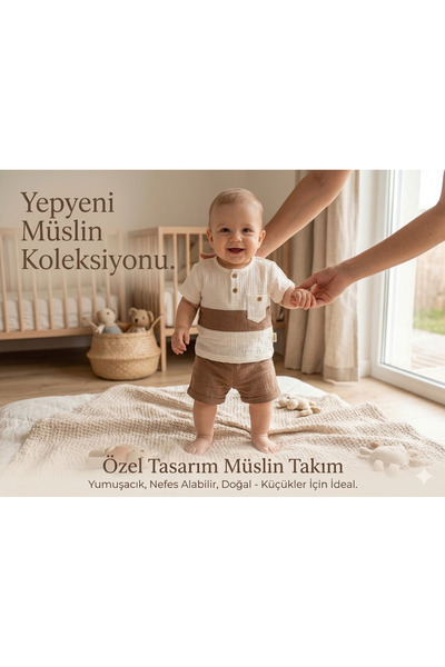 Güles Baby %100 Pamuk Müslin Erkek Bebek Şortlu Takım - Bohem Tarz Düğmeli İk...