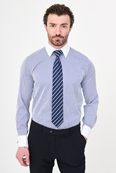 Mcr Striped Slim Fit Polycort Collar Cufflinked Long Sleeve Men's Shirt Navy ...