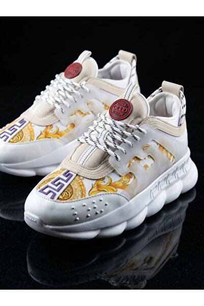 EXCLUSIVE STYLE Sneakers din piele ecologica - CHAIN Gold & White