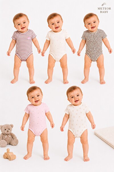 METEOR BABY Baby Girl 5-Piece Bodysuit & Badi Set with Snap Fasteners, Cotton