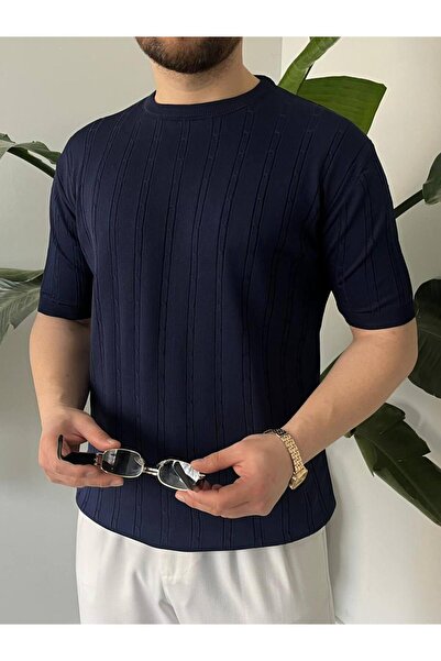 ATKGİYİM Men's Slim Fit Knitted Patterned Crew Neck Short Sleeve Lycra Knitwe...