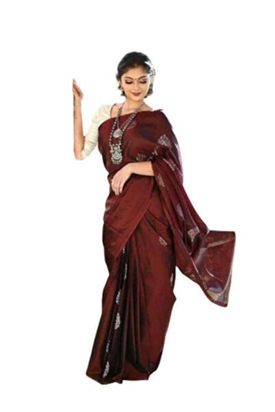 MYSMAR Maroon Lichi Silk Saree with Jacquard Border & Silver Woven Detailing ...