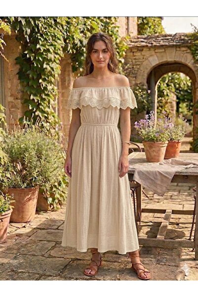 AYASOFYA OTANTIK Women's Italian Beige Lace Detailed Madonna Collar Lined Lon...