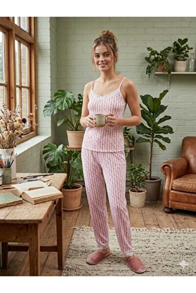 mavolie Pink Heart Patterned Pajama Set with Rope Straps