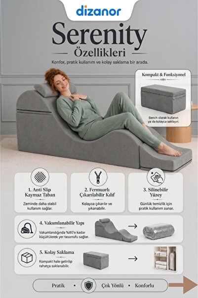 Dizanor Serenity Çok Amaçlı Dinlenme Koltuğu Katlanabilir Bench Formlu Şezlong Yetişkin Çiftler İçin Ergonomik Destek Minderi