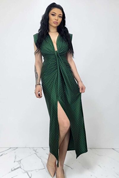 FashionForYou Long dress with JHOSY crystals and deep neckline, Emerald Green