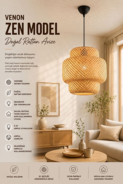VENON ZEN MODEL ✨ Doğal Rattan Avize Hasır Avize Tekli Sarkıt Avize Doğal Avi...