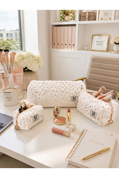 MAKE BAG BEYAZ YILDIZ DESENLİ 3'LÜ SET MAKYAJ ÇANTASI