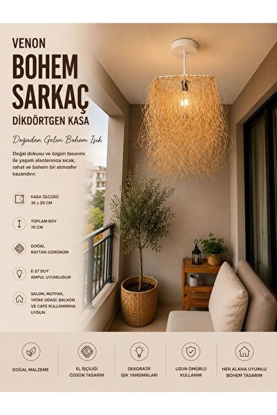 VENON Rafya Avize SARKAÇ DİKDÖRTGEN Büyük Boy ✨ Doğal Rattan Avize Hasır Aviz...