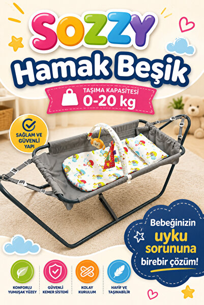 Sozzy Premium Çıngıraklı Bebek Hamağı Pamuklu yastık ve minderli Sallanır Ham...
