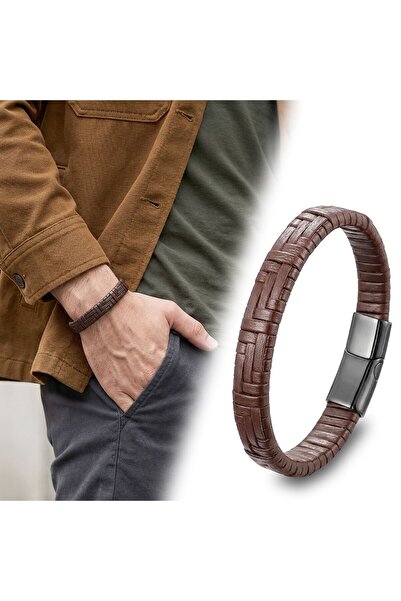Generic Brand 💎   Premium Brown Leather Weave and Steel Bracelet 31833B9D3 -...