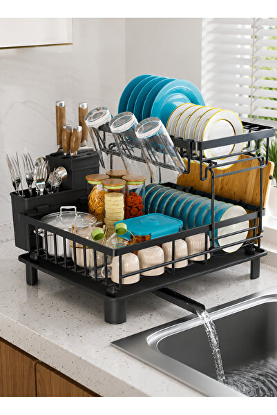 Generic 2 Tier Kitchen Dish Drainer Rack, Black Rustproof Detachable Design w...
