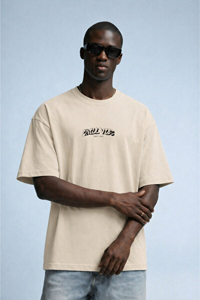 MATERIAL Men's Chill Vibe Printed Oversize Beige T-Shirt