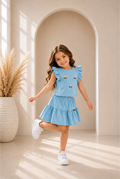 zepkids Girl's Two-Piece Set Turquoise Color Ruffle Sleeve Layered Skirt Set