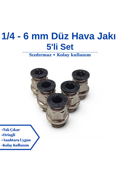 1/4" - 6 mm Düz Hava Jakı - Pnomatik Jak - Hortum Jakı - 5'li Set