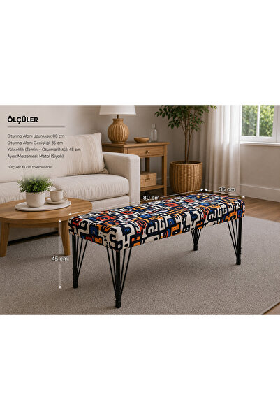 densan aksesuar Metal Ayaklı 80 Cm Desenli Puf & Bench Tekli