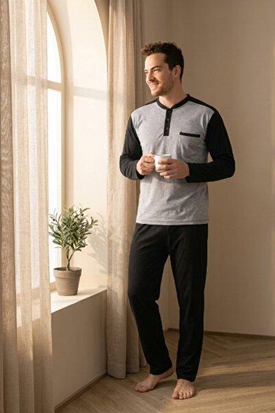MORRO Men's Pajama Set Long Sleeve Buttoned Collar Pocketed Striped Bottom Co...