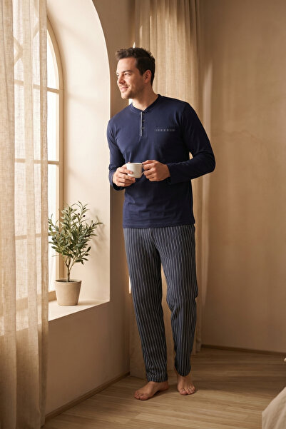 MORRO Men's Pajama Set Long Sleeve Buttoned Collar Pocketed Striped Bottom Co...