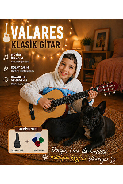 valares Qcg3024 1/2 naturel Klasik Gitar Çocuklar İçin İdeal Yumuşak Tını Kol...