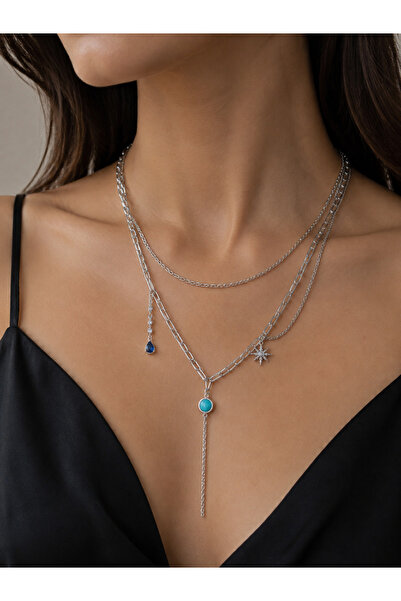 Takıtolia Blour Silver Color Multiple Design Blue Zircon Stone Choker Stylish...