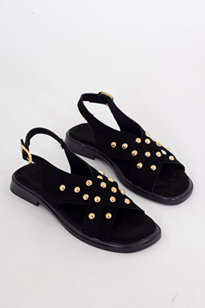 RoseVeno Women's Black Suede Stone Troc Buckle Suede Daily Sandals
