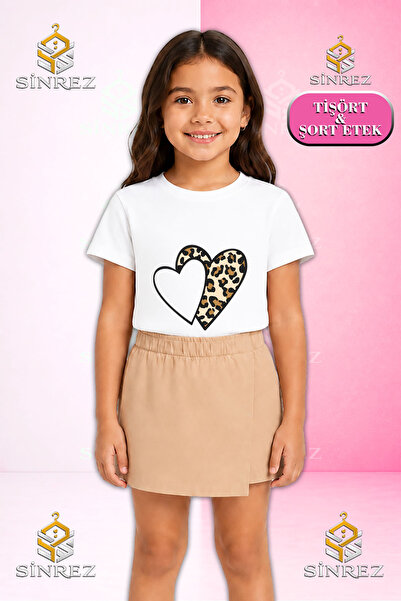 SİNREZ Girl's Set Heart 2-Piece Bos Leopard Pattern Printed Short Sleeve T-Sh...