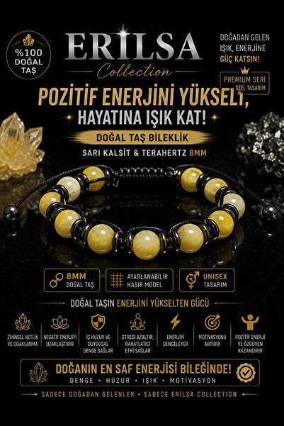 Erilsa Certified Yellow Calcite Terahertz Natural Stone Bracelet 8 mm Adjusta...