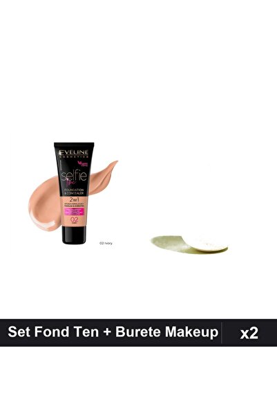 Eveline Set Fond de Ten Selfie Time 2in1 02 Ivory 30ml + Burete Makeup
