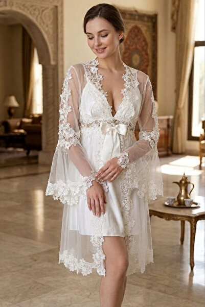 big mama Bridal Robe Set - Luxurious Lace Dowry White Robe Nightgown