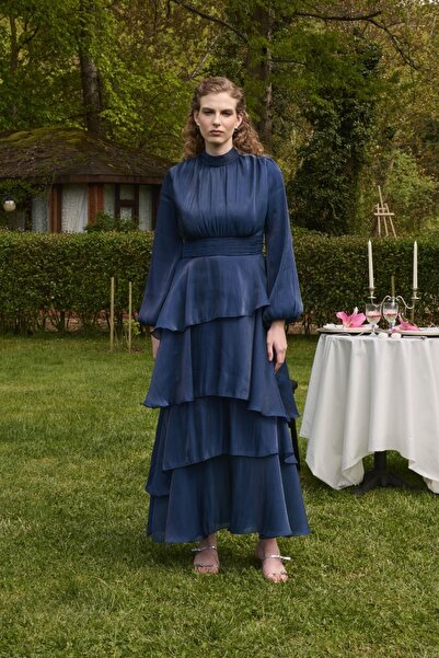 Birgül Bektaş Navy Blue Nila Layered Evening Dress