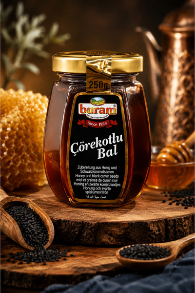 Buram Miere Premium cu Chimen Negru, 250g | Gust Intens & Ingrediente Naturale