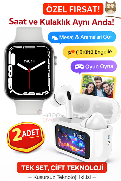Happy Owl Bluetooth Kulaklık Akıllı Saat & Kablosuz Kulaklık Seti – Telefon B...