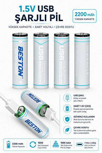 electroawm Type-C Şarjlı AA Pil 2200MAH 1.5V Li-ion USB Şarj Edilebilir Kalem...