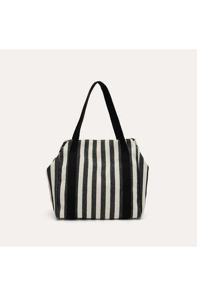 Mudo Women's Black Striped Canvas Textured Handbag