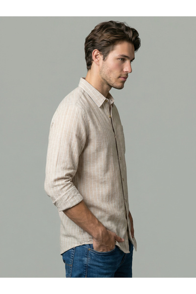 SNX By Styli Men Beige Striped Linen Shirt
