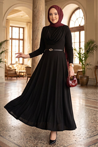 EBRUTESETTÜR Degaje Collar Belted Sandy Dress Black