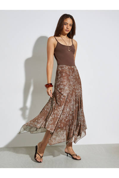 Styli Floral Print Asymmetric Hem Midi Skirt