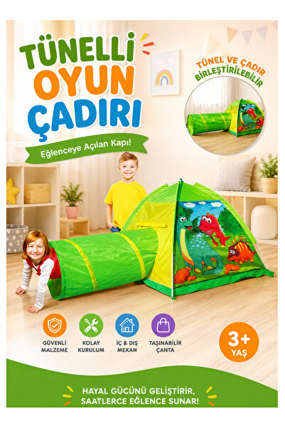LRS STORE Çocuk Oyun Çadırı Tünelli Dinozor Oyun Evi Katlanabilir Oyun Seti Y...