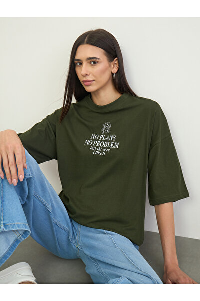 Styli Green 100% Cotton Slogan Embroidered Oversized T-Shirt