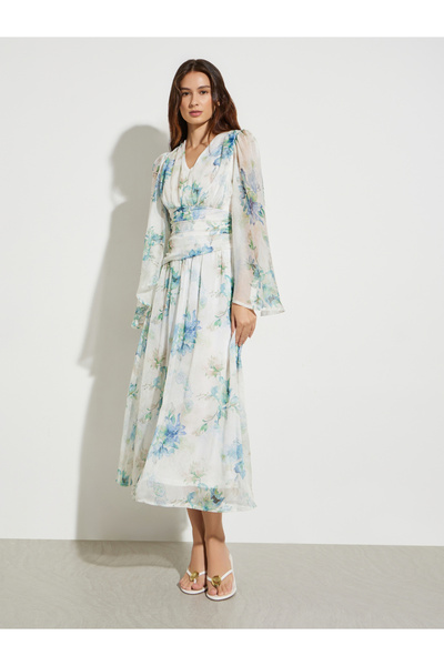 Take Two By Styli White Floral Print Maxi Dress with Long Sleeves