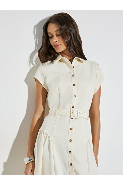 Styli Cream Belted Shirt Maxi Dress