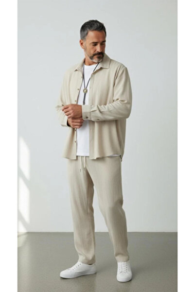 FAVORİST Men's Long Sleeve (Shirt and Pants) Wrinkled Tracksuit Set