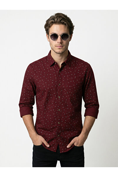 SNX By Styli Men Maroon Printed Long Sleeve Shirt