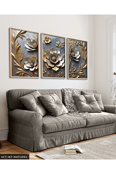 CeSht Gold Leaf Silver Flower 3 Piece Wooden Framed Painting Act
