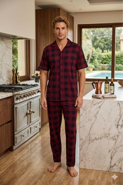 KLY Honeymoon Pajama Set for Couples - Newlywed Dowry Set with Front Buttons, Comfortable Plaid Modal Combination